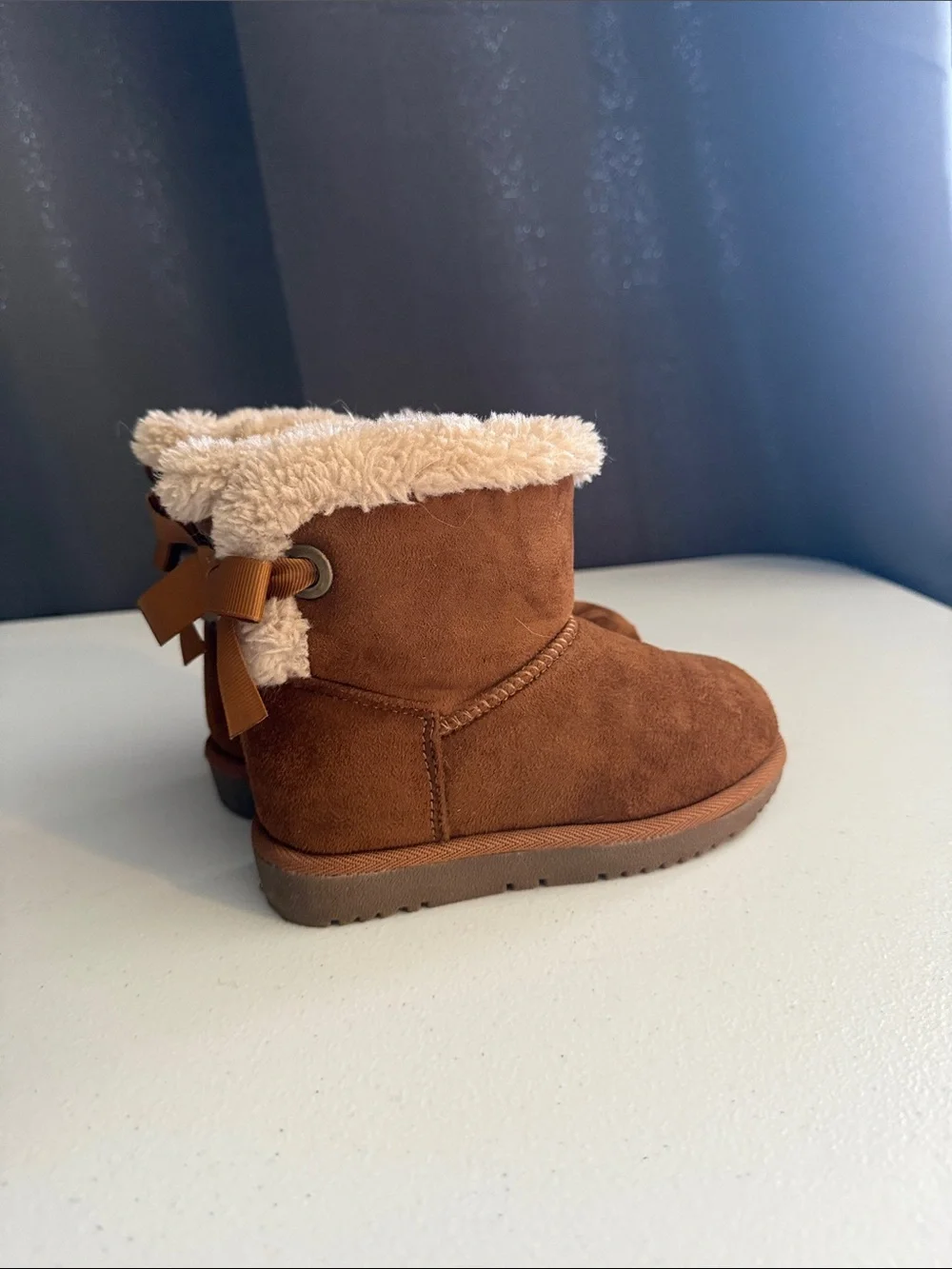 Kids Faux-Suede Shearling Ankle Boots with Bow - Brown
